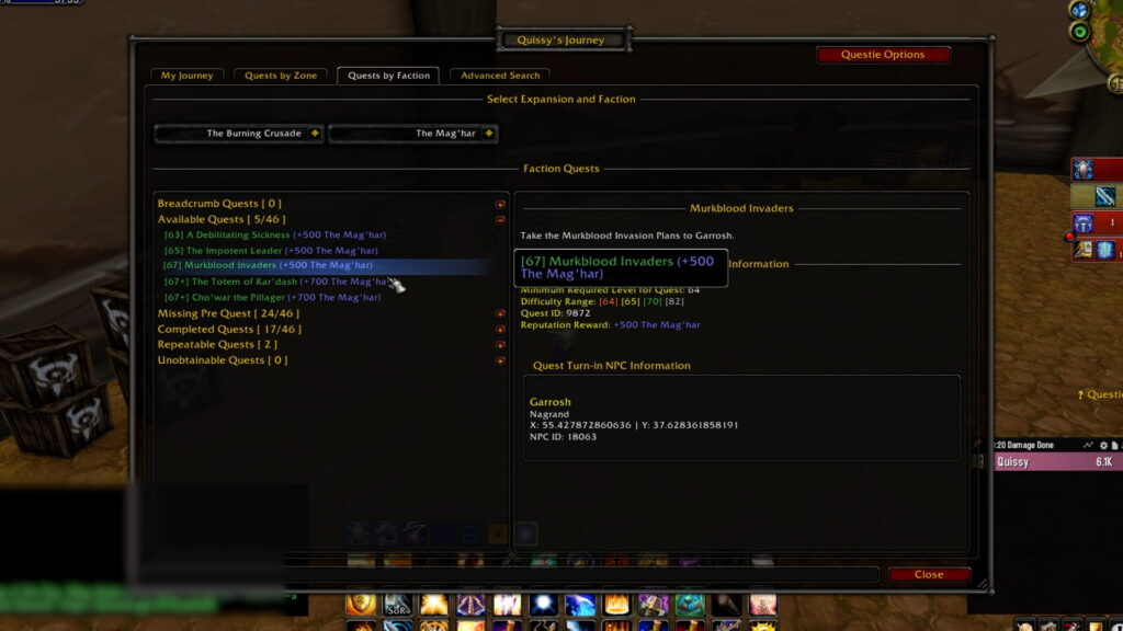 Questie quests by Faction tab in game