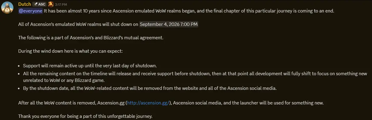 Project Ascension Discord announcement confirming all emulated WoW realms will shut down September 4, 2026