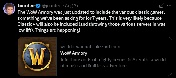 Joardee reporting that the official World of Warcraft Armory added Classic game versions