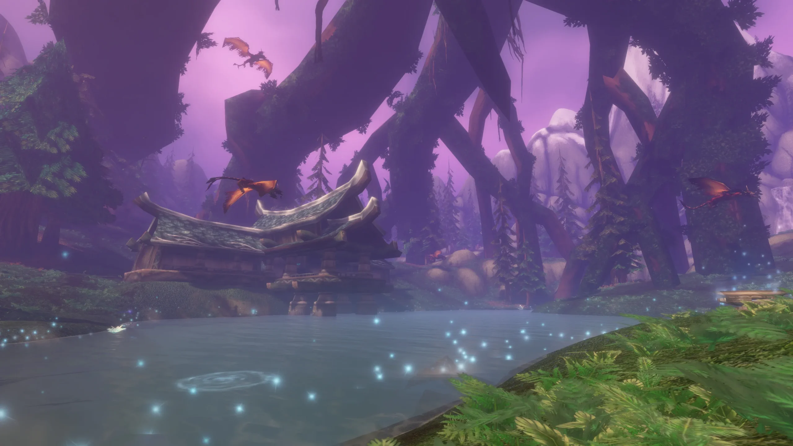 Purple-lit Mount Hyjal forest and water in WoW Forever