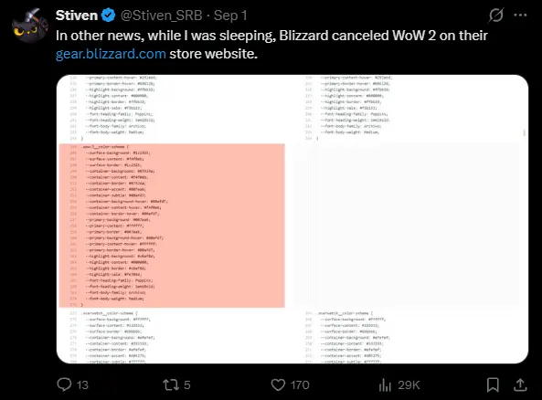 Comparison showing Blizzard removing the wow-2 color scheme from its Gear Store code