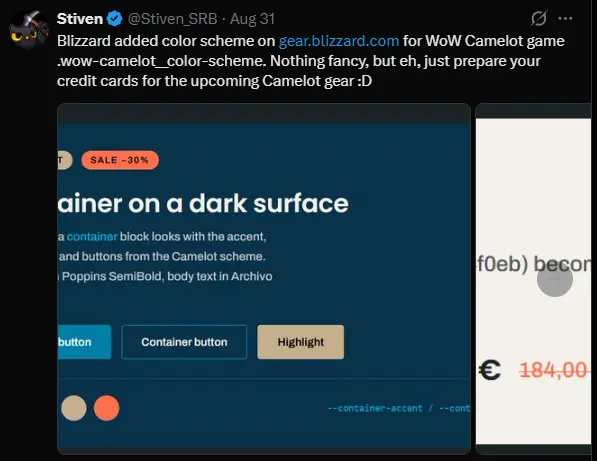 Project Camelot color scheme found in the Blizzard Gear Store source code