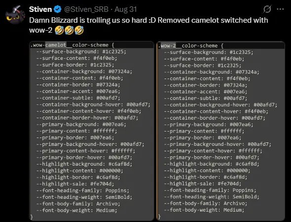 Blizzard Gear Store code changing the wow-camelot color scheme name to wow-2