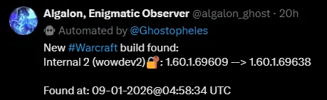Automated tracker showing WoW Dev 2 advancing from build 1.60.1.69609 to 1.60.1.69638