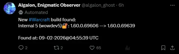 Automated tracker showing WoW Dev 5 advancing from build 1.60.0.69606 to 1.60.0.69639