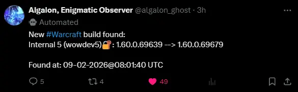 Automated tracker showing WoW Dev 5 advancing from build 1.60.0.69639 to 1.60.0.69679