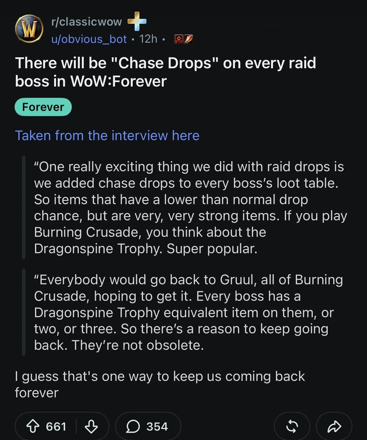 WoW Forever raid boss chase drops