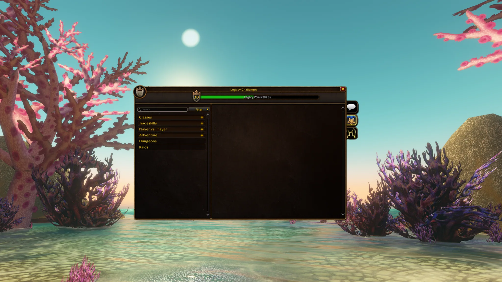 WoW Forever Legacy Challenges interface open over a colorful Azeroth landscape