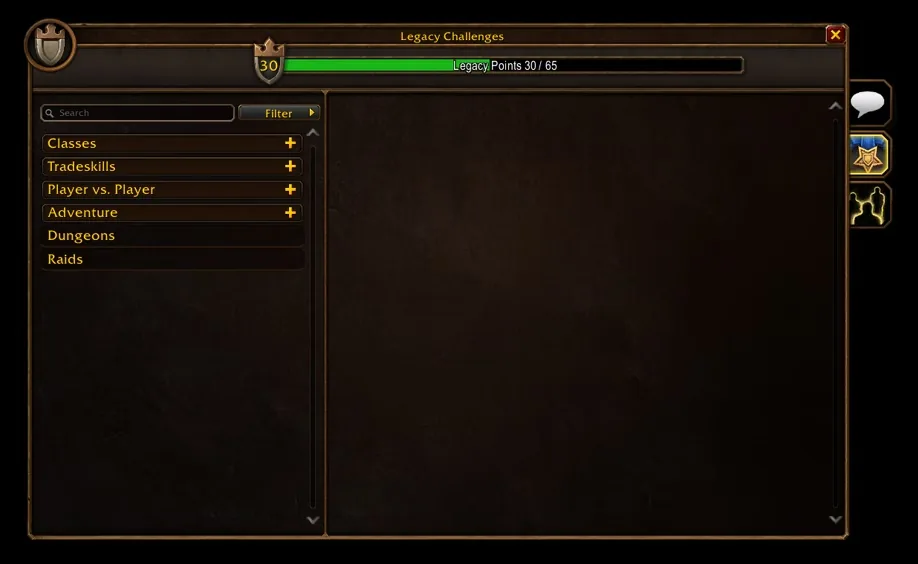 Legacy Challenges menu showing Classes, Tradeskills, PvP, Adventure, Dungeons, and Raids categories
