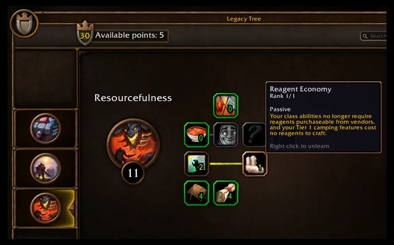 Resourcefulness Legacy perk tree with the Reagent Economy tooltip open