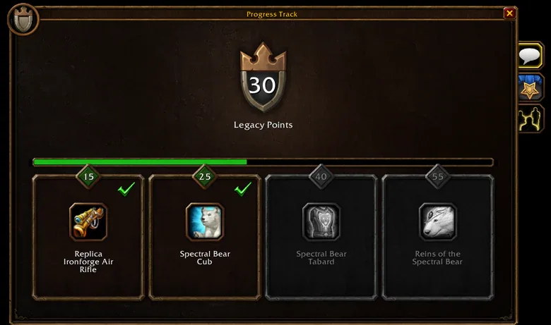 Legacy Rewards progress track showing the Ironforge Air Rifle and Spectral Bear rewards