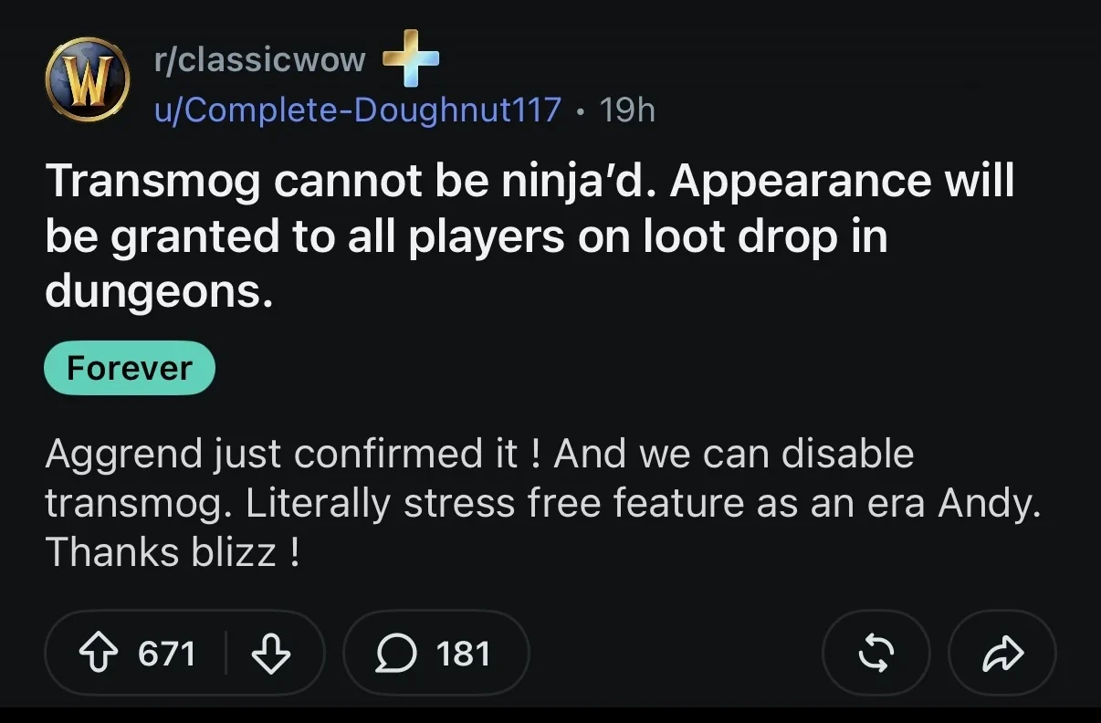WoW Forever optional transmog appearance system
